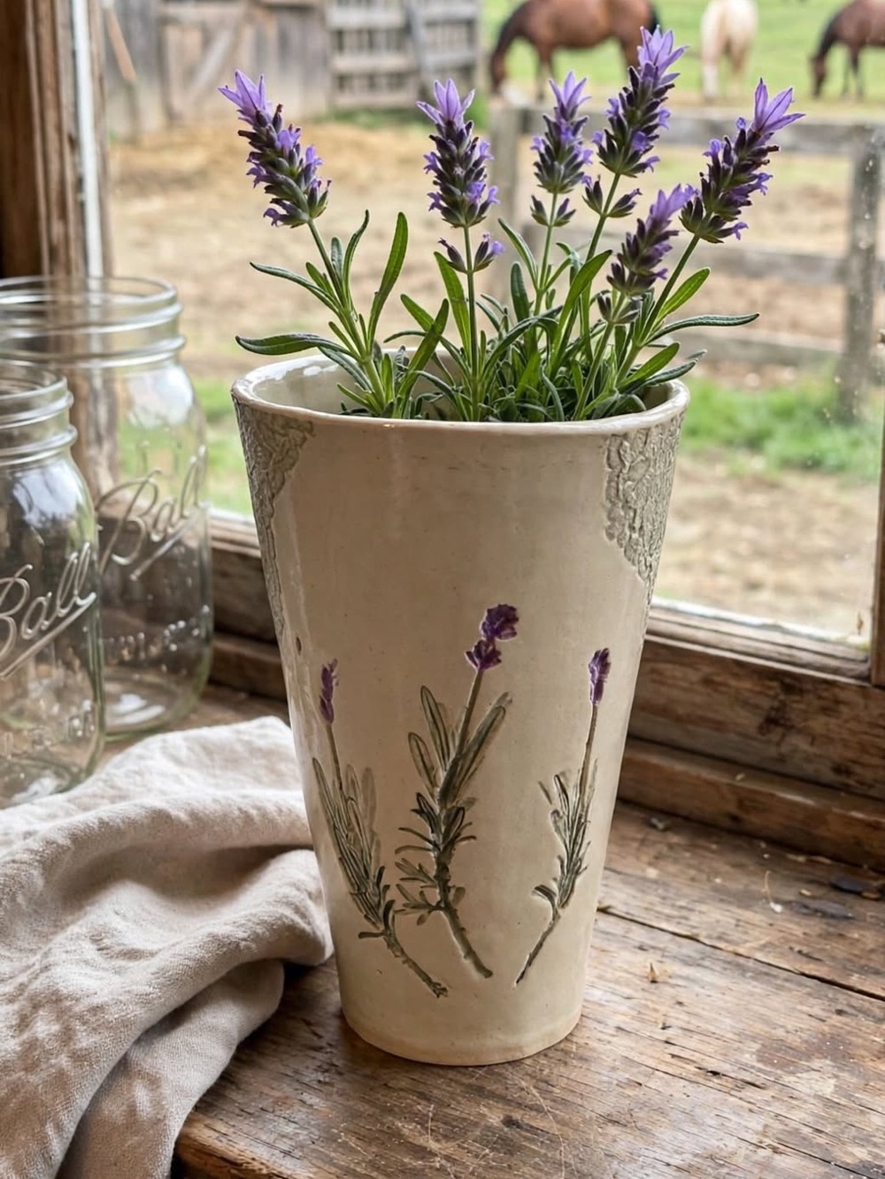 Handcrafted Lavender and Lace pottery Vase  by Libby